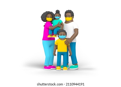 Black Family On Covid Quarantine With Baby People Standing Holding Hands Isolated On White Background 3D Rendering Illustration. Mother Father Daughter Son With Toys In Facial Masks Characters.