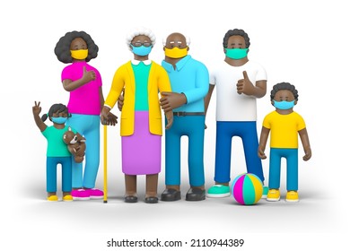 Black Family On Quarantine With Baby People Standing Holding Hands Isolated On White Background 3D Rendering Illustration. Mother Father Grandmother Grandfather Daughter Son With Toys In Facial Masks