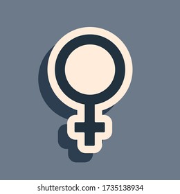 Black Female Gender Symbol Icon Isolated On Grey Background. Venus Symbol. The Symbol For A Female Organism Or Woman. Long Shadow Style