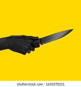 Black Female Hand With Knife Isolated On Yellow Background. Cutting Concept Creative Banner 3d Rendering