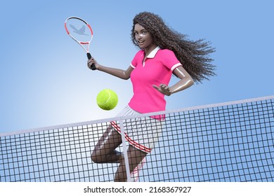 A Black Female Tennis Player Is Trying To Hit Back A Tennis Ball With Force.3D Illustration 3D Rendering