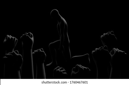 Black Fists On Black Background With Rim And Kneeling Person. Gesture. Black Lives Matter. Blackout. Social Justice Concept. 3D Render.