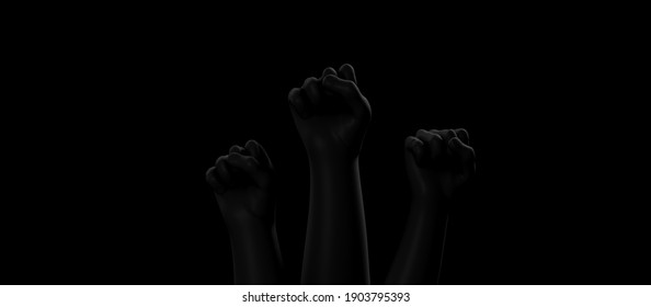 Black Fists On Black Background With Rim. Black Lives Matter. Blackout. Social Justice Concept. 3D Render.	