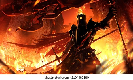 A black flaming chaos knight with a dark flag and a two-handed sword, victoriously stands in the burning ruins of a medieval castle. There is a fire burning in his helmet, he has a torn cloak. 2d art
