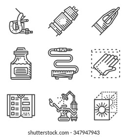 Black Flat Line Style Icons For Element For Tattoo Parlor. Tattoo Equipment And Accessories, Chair, Administration, Sterilisation Equipment And Other Elements For Business Or Website