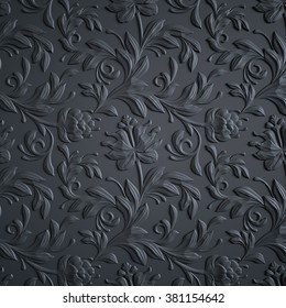 black floral background, embossed flowers pattern, abstract 3d textured paper