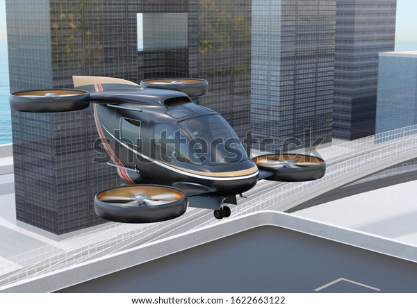 Black flying car (air taxi) takeoff from\
or land to drone Port. 3D rendering\
image.