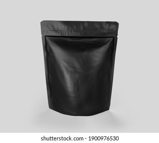 Black Foil Plastic Pouch Coffee Bag, 3d Rendering Isolated On Light Background. Packaging Template Mockup, Aluminium Coffee Or Juice Package.