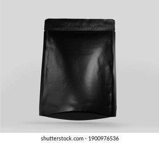 Black Foil Plastic Pouch Coffee Bag, 3d Rendering Isolated On Light Background. Packaging Template Mockup, Aluminium Coffee Or Juice Package.