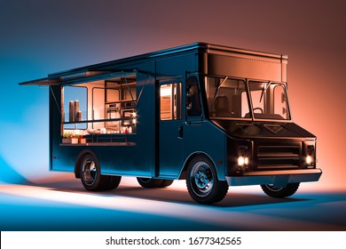 Black Food Truck With Detailed Interior Isolated on Illuminated Background. Takeaway food and drinks. 3d rendering.
