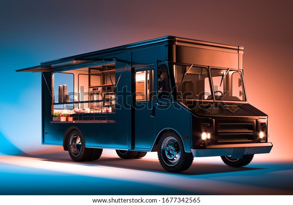 Black\
Food Truck With Detailed Interior Isolated on Illuminated\
Background. Takeaway food and drinks. 3d\
rendering.