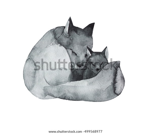 黒狐と水彩画 森の動物 白い背景に手描きのリアルなイラスト 母の日のカード手作り のイラスト素材
