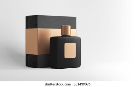 Black Fragrance Perfume Bottle Mockup With Black Gift Box. 3d Rendering