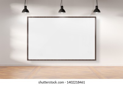 Black Frame Hanging Bright White Museum With Wooden Floor Mockup 3D Rendering