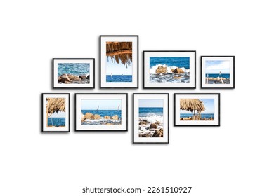 Black frames collage isolated on white, sea view posters, 3D illustration, interior decor mock up