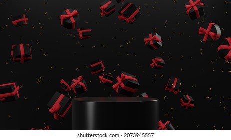 Black Friday 3d Render Abstract Image Black Podium With Black And Red Background Product Display Advertisement Mockup