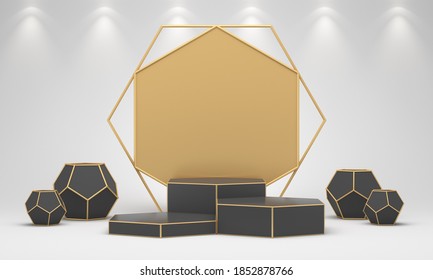 Black Friday. 3D rendering. Blank golden hexagonal presentation frame isolated on white background. Three cylindrical step blocks. Pentagonal black spheres with gold decor.