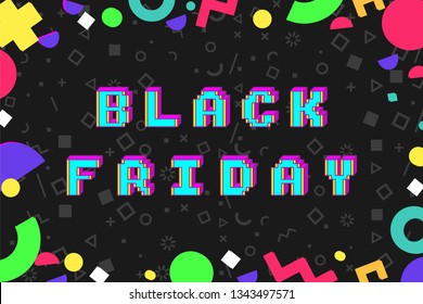 Black friday 8-bit pixel art style promotion banner. 3D text effect. Colorful geometric patern. Sale and offer concept - Powered by Shutterstock