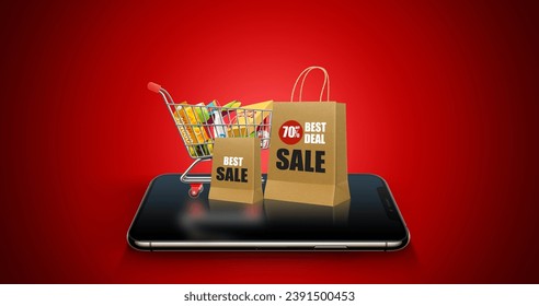 Black Friday advertising background. Discount offer online banner. Shopping cart with purchases  packages and boxes on the modern mobile. Sales offer banner on red and black background.  - Powered by Shutterstock