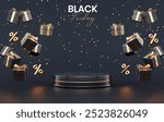 Black Friday banner background with a podium platform surrounded by black and gold floating gifts on a dark scene for product stand in 3D illustration