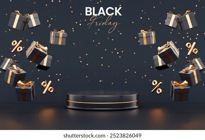 Black Friday banner background with a podium platform surrounded by black and gold floating gifts on a dark scene for product stand in 3D illustration - Powered by Shutterstock