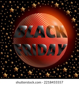 Black Friday Banner. Black Letters And Red Ball On A Black Starry Background.