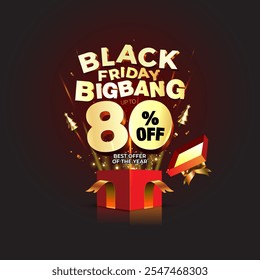 Black friday bigbang offer, 80% off sale, discount, deals, shopping logo Pop-Up from red Christmas Gift Box on black background. - Powered by Shutterstock