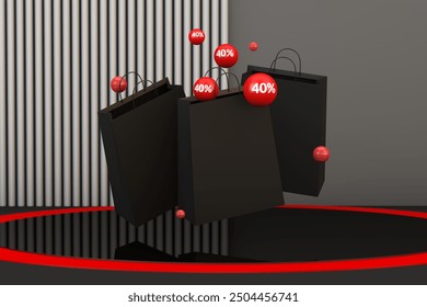 Black Friday concept with black shop bags and red balls with 40 percent number. 3d render - Powered by Shutterstock