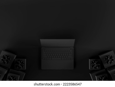 Black Friday, Cyber Monday. laptop computer and presents with ribbons. Black background. Copy space. Online shopping. - Powered by Shutterstock