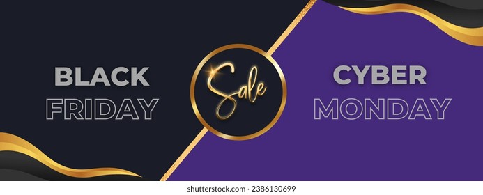 Black friday cyber monday sale text on black and purple background, black and gold border.  Glowing advertising and promotion banner. - Powered by Shutterstock