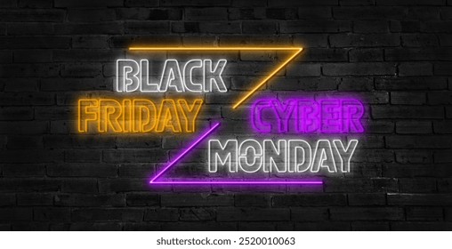 Black Friday and Cyber Monday, sales concept. Neon lighted letters on gradient background. Astonished man whispering. Negative space. Modern design. Contemporary art. - Powered by Shutterstock