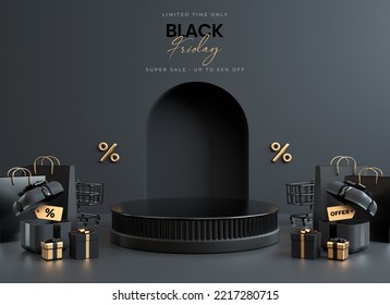 Black Friday flyer background template with an elegant pedestal podium, black and gold stuff on a dark scene for product stand in 3D rendering. Promotional discount and online shopping concept - Powered by Shutterstock