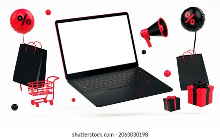 Black Friday Flyer With Floating Laptop Mockup And Red Stuff On A White Background In 3D Rendering. Special Offer Banner And Black Friday Concept