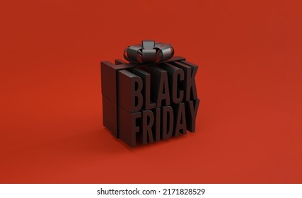 Black Friday Gift Box With Black Ribbon On Red Background For The Day After Thanksgiving Of The Traditional Christmas Shopping Season Concept By 3d Render Illustration.