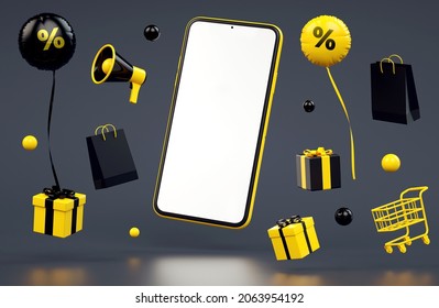 Black Friday Mobile Phone Mockup Blank Screen Flyer On A Dark Background And Floating Stuff In 3D Rendering. Special Offer Banner And Online Shopping Concept