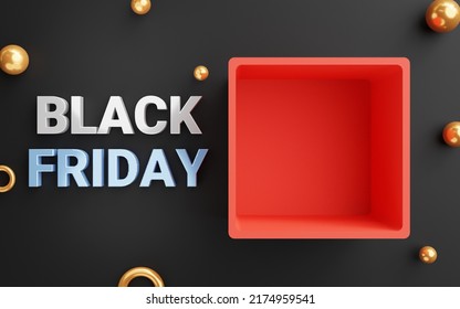 Black Friday With Open Red Gift Box On Black Background For The Day After Thanksgiving Of The Traditional Christmas Shopping Season Concept By 3d Render Illustration.