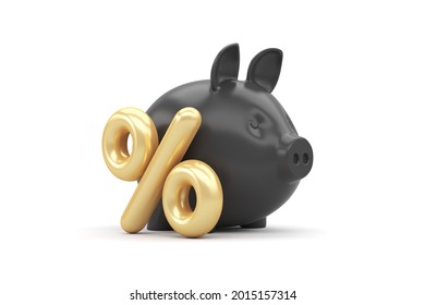 Black Friday. Black Piggy Bank Pig With Gold Percentage Isolated On White Background. 3d Render Illustration.
