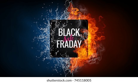 Black friday sale advertising banner with hand lettered element on the background with fire flame, water splashes and lightning. Discount, shopping, promotion concept. Vertical design with copy space.