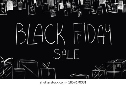 Black Friday Sale Background Digital Illustration. Dark Chalkboard With Chalk Drawings Of Price Tag, Gift Box, Shopping Associated Symbols, Discount Sign. Banner For The Store, Shop Promotions.