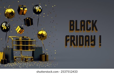 Black Friday Sale Banner, Speech Bubble Exclusive Limited Time Offer Web Banner, Shop Now Button. Black Friday Sale Design. Text with shopping cart and gift box on black background. November. - Powered by Shutterstock