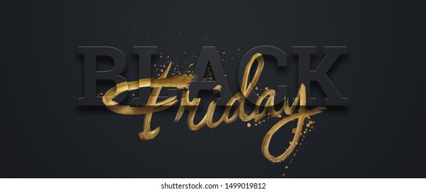 Black friday sale inscription gold letters on a black background, horizontal banner, design template. Copy space, creative background. 3D illustration, 3D design - Powered by Shutterstock