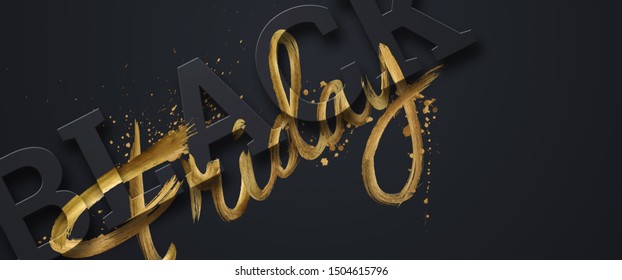 Black friday sale inscription gold letters on a black background, horizontal banner, design template. Copy space, creative background. 3D illustration, 3D design
