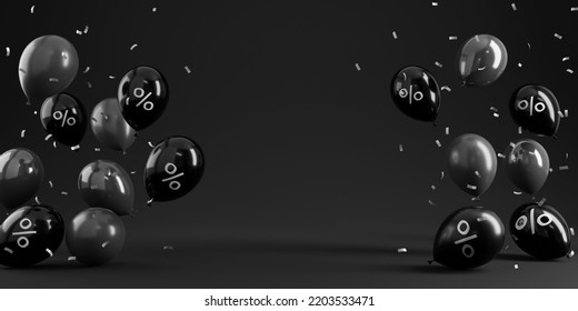 Black Friday sale with percent in black glossy balloon on black background, minimalist poster, 3d rendering, for product or copy space. - Powered by Shutterstock