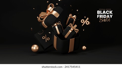 Black friday sale Promotion, Realistic Gift Boxes with Gold Ribbon , shopping cart black, Dark background Podium .poster, banners, flyers, card,advertising , 3D rendering - Powered by Shutterstock