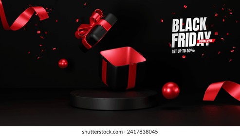 Black friday sale Promotion, Realistic Gift Boxes with Red Ribbon , shopping cart black, Dark background Podium .poster, banners, flyers, card,advertising , 3D rendering - Powered by Shutterstock