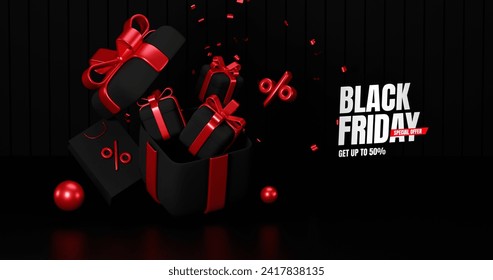 Black friday sale Promotion, Realistic Gift Boxes with Red Ribbon , shopping cart black, Dark background Podium .poster, banners, flyers, card,advertising , 3D rendering - Powered by Shutterstock