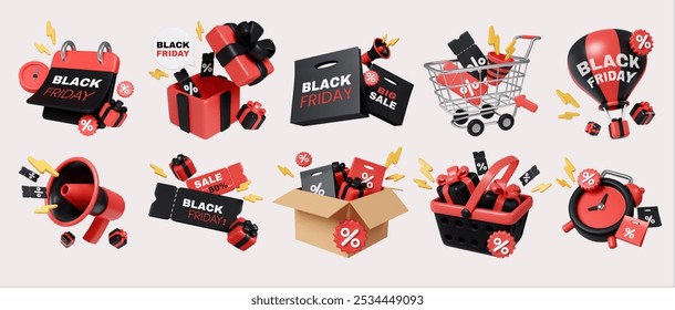 Black Friday Shopping Icons: Cart, Gift, Sale Labels 3D Render. 3D Illustration - Powered by Shutterstock