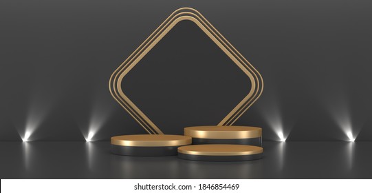Black Friday. Three empty black stands with gold on a black background. 3D rendering. Illustrations for advertising. Black Friday. 