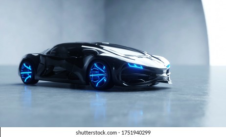 Black Futuristic Electric Car With Blue Light. Concept Of Future. 3d Rendering.