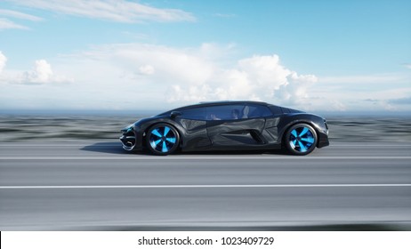 Black Futuristic Electric Car On Highway In Desert. Very Fast Driving. Concept Of Future. 3d Rendering.